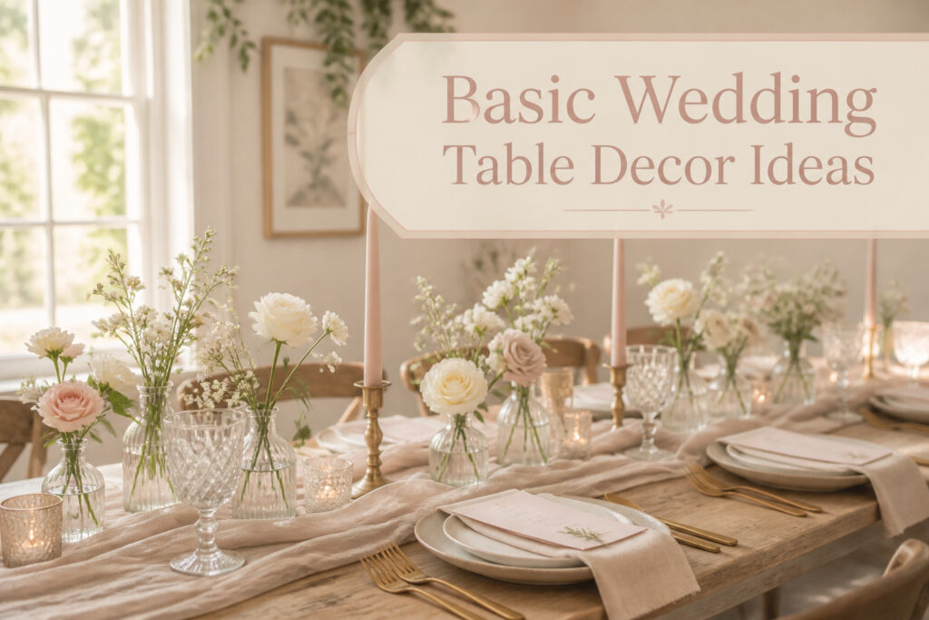 A wedding table decorated with flowers, candles, and various table settings.