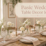 A wedding table decorated with flowers, candles, and various table settings.