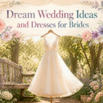 Bride wearing a wedding dress in a floral setting.