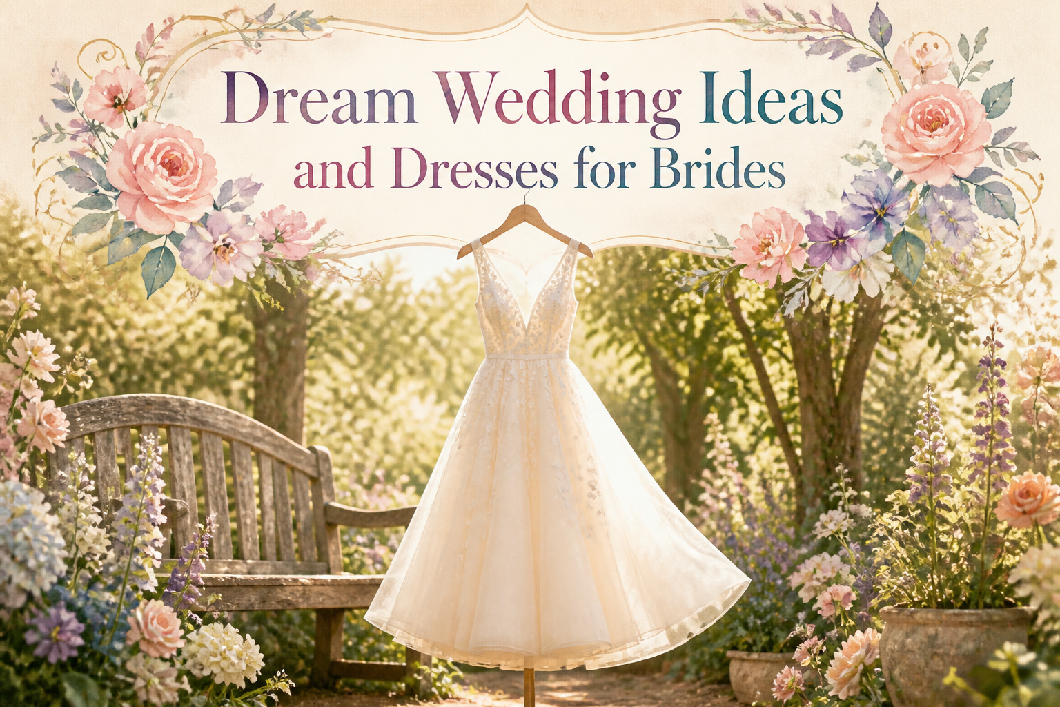 Bride wearing a wedding dress in a floral setting.