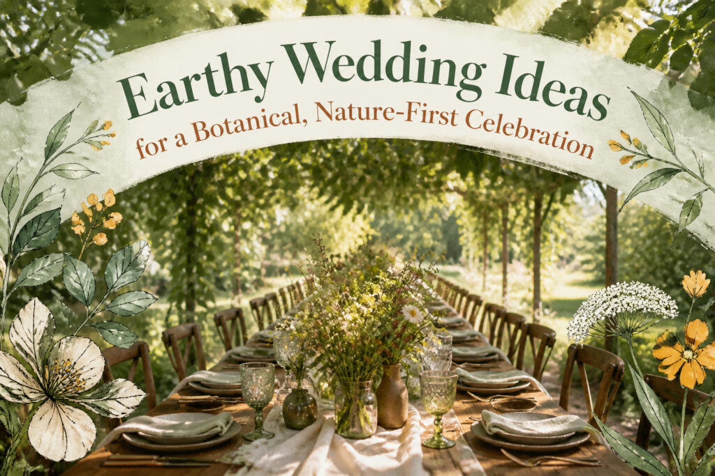 A wedding scene showcasing earthy tones and botanical decorations.