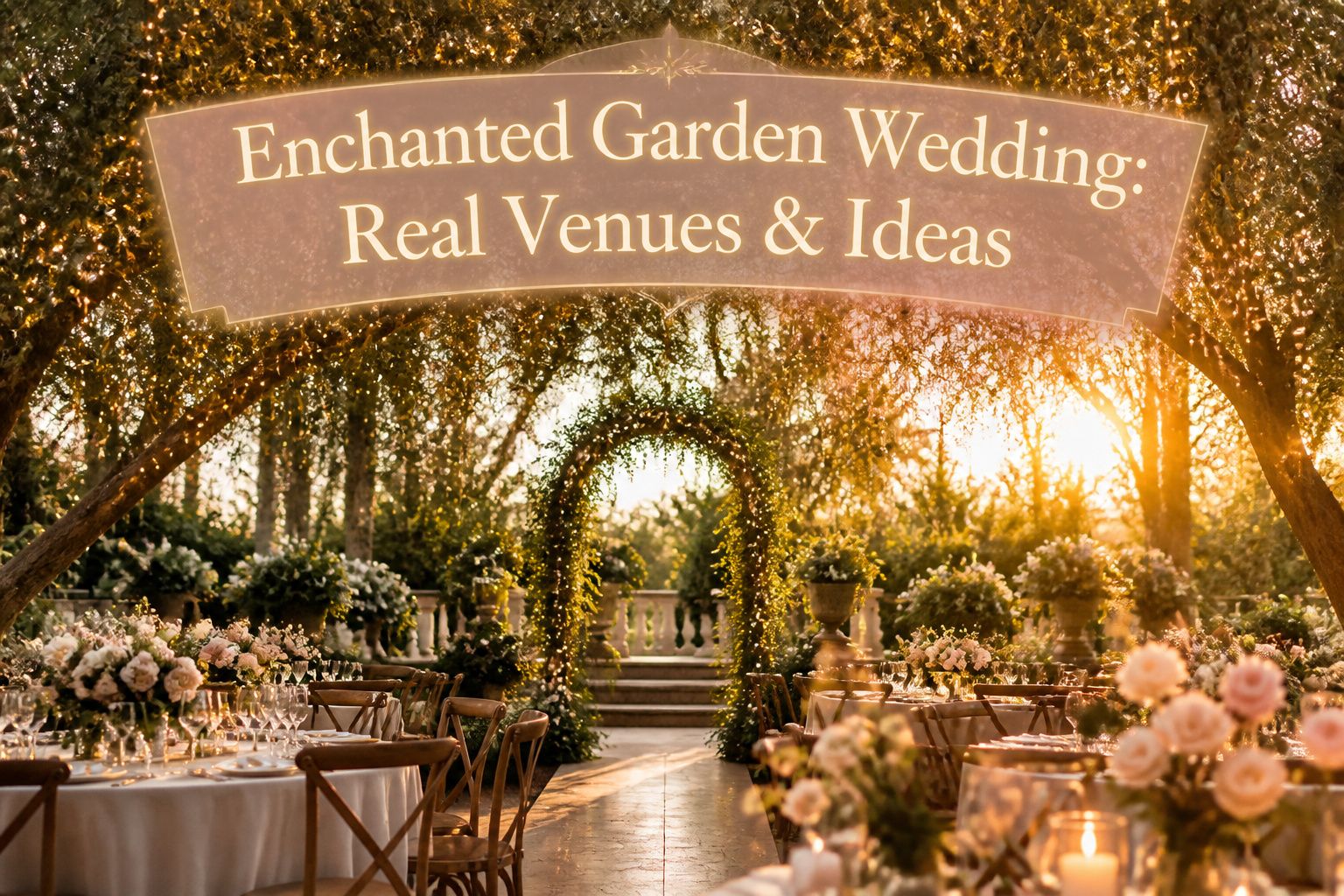 Lush greenery and fairy lights in a garden wedding setting.