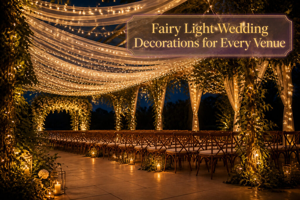 A collection of fairy lights illuminating a wedding venue.