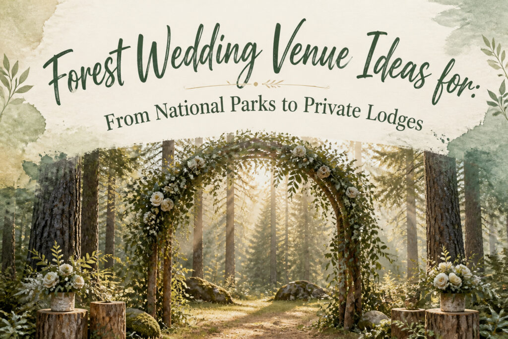 Couple standing together in a forest during a wedding ceremony.