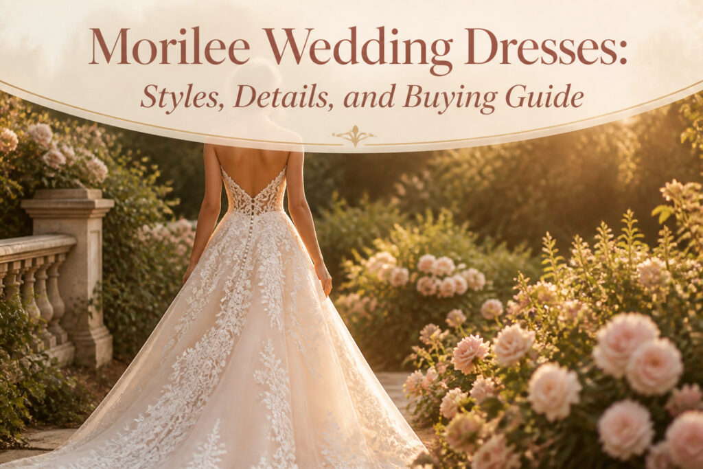 A close-up of a Morilee wedding dress featuring lace and beading.