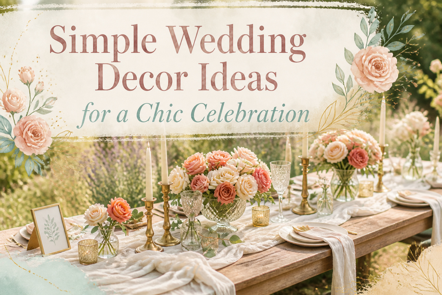 A wedding table set with decorations, flowers, and ambient lighting.