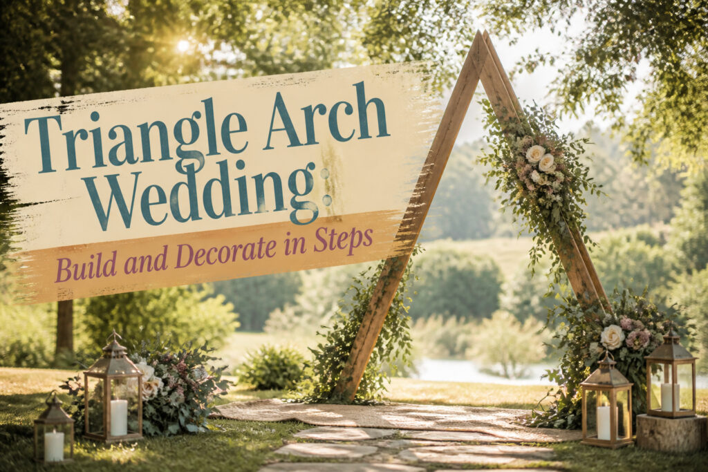 A wooden triangle arch frame set in an outdoor workshop.