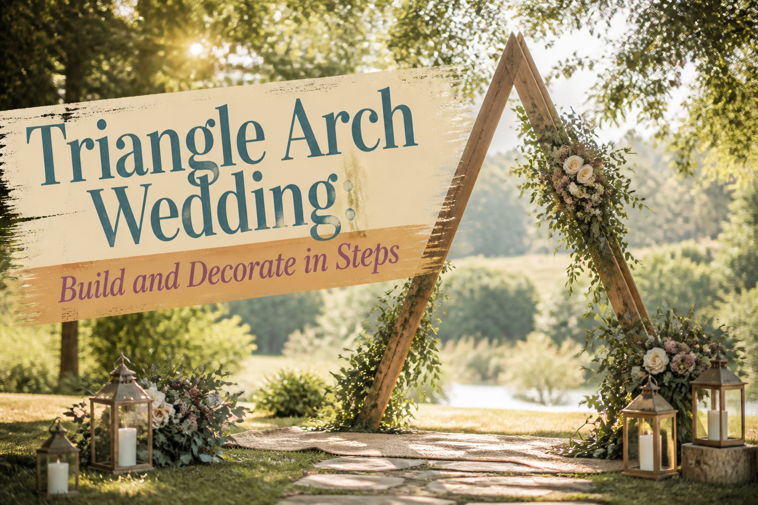 A wooden triangle arch frame set in an outdoor workshop.