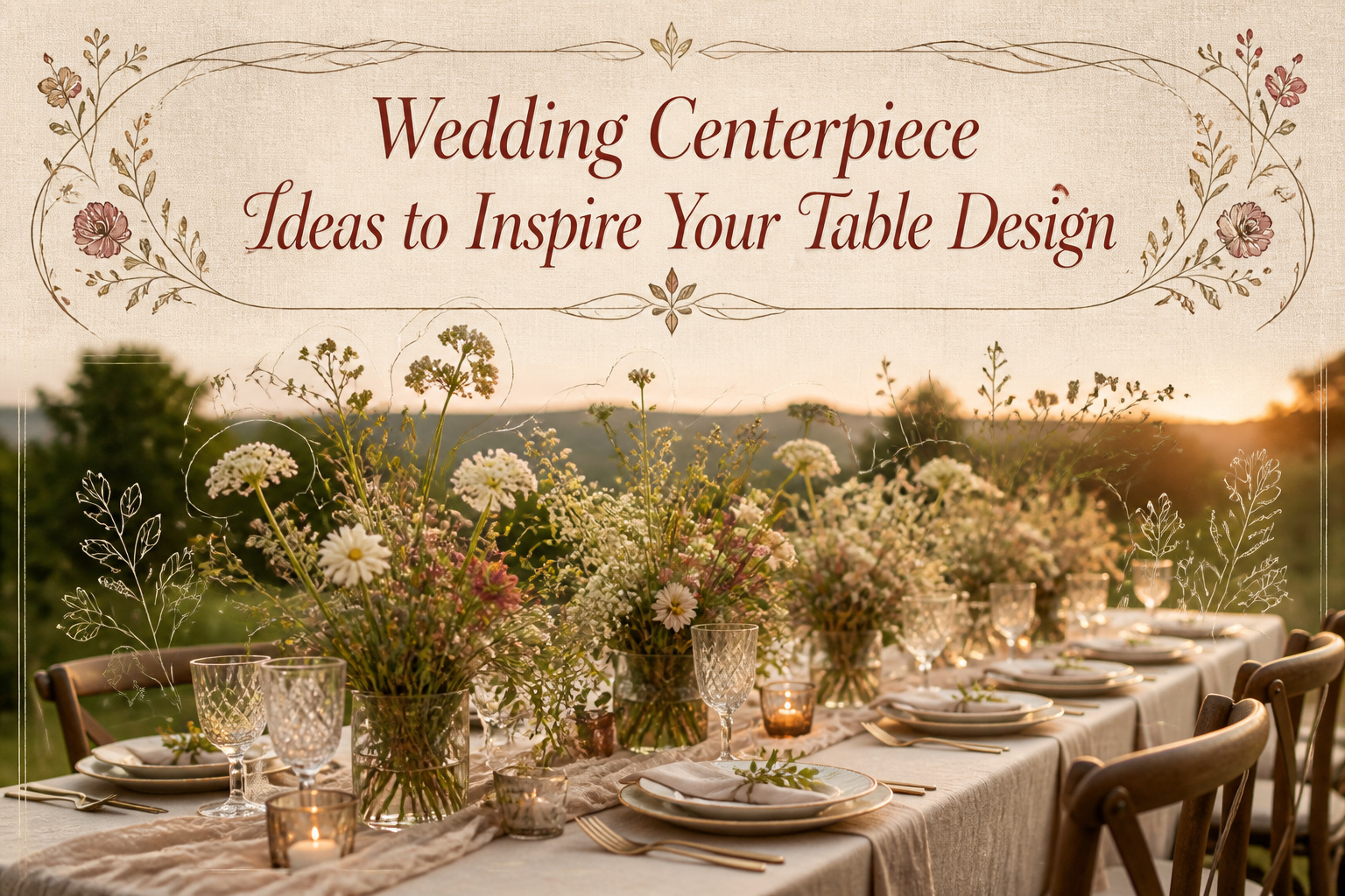 A wedding table centerpiece featuring flowers and decorative elements.
