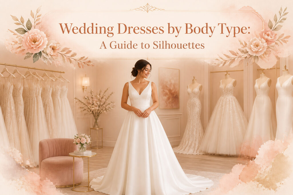 A variety of wedding dresses displayed on mannequins in a bridal shop.