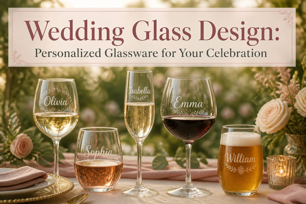 An assortment of personalized wedding glassware on a decorated table.