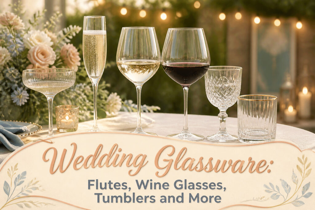 Various types of wedding glassware displayed together on a table.