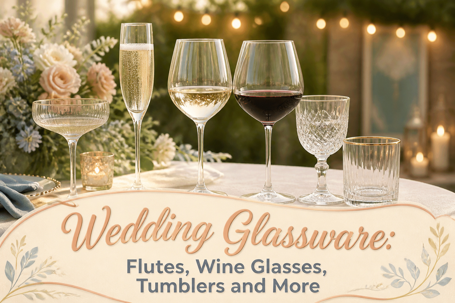 Various types of wedding glassware displayed together on a table.