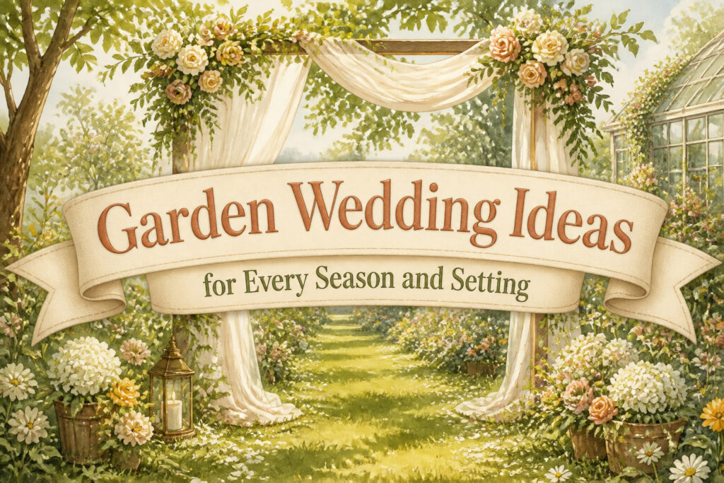 A vibrant outdoor garden wedding with floral decorations and vintage furniture.