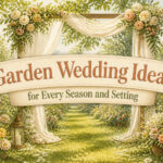 A vibrant outdoor garden wedding with floral decorations and vintage furniture.