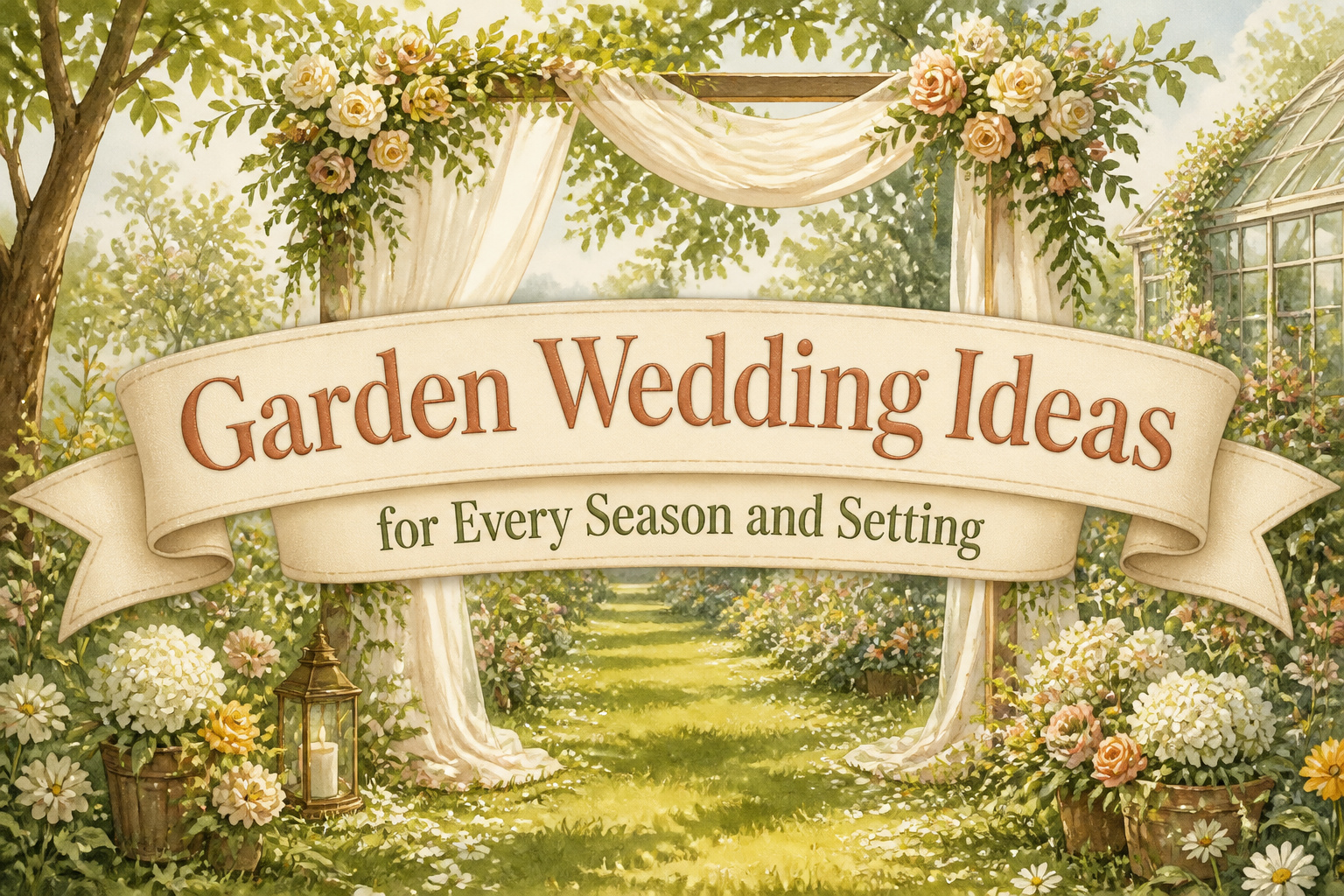 A vibrant outdoor garden wedding with floral decorations and vintage furniture.