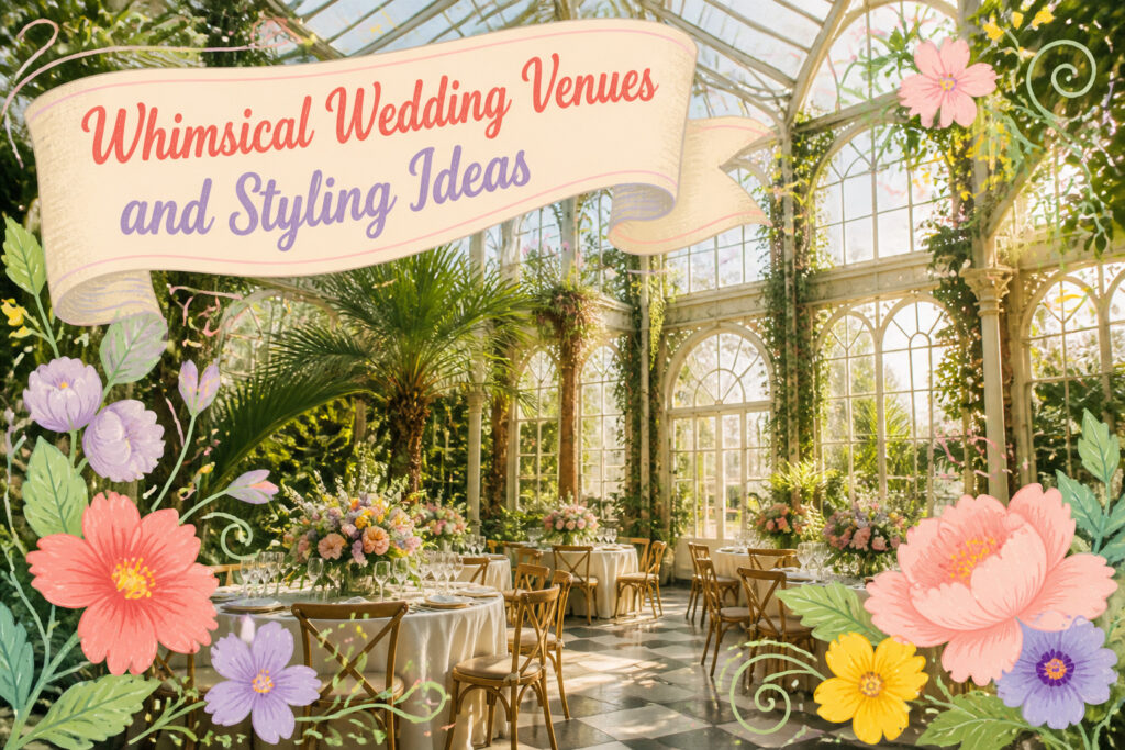 Whimsical wedding decorations with colorful flowers and twinkling lights.