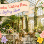 Whimsical wedding decorations with colorful flowers and twinkling lights.