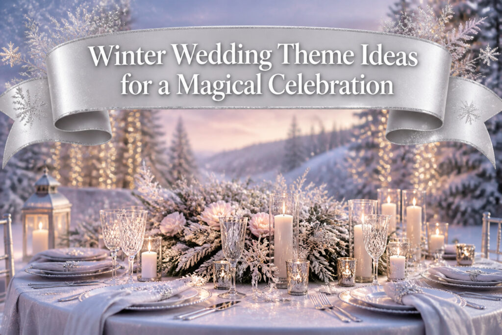 A winter wedding setup with white and silver decorations.