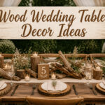 A beautifully arranged wedding table featuring various wood decor elements.