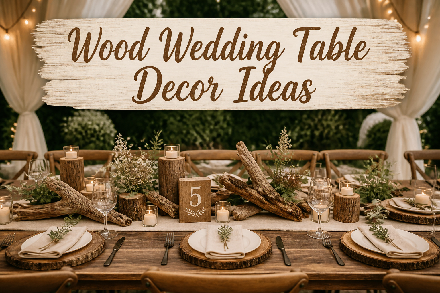 A beautifully arranged wedding table featuring various wood decor elements.