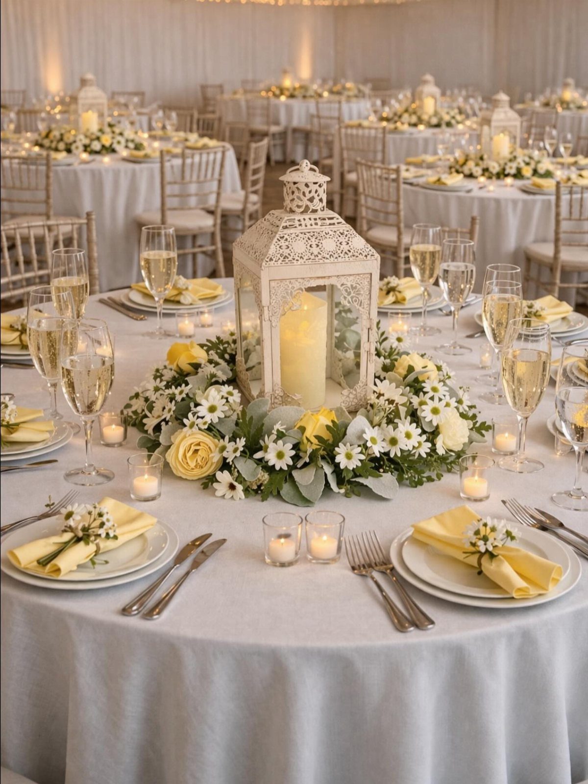 A white decorative lantern with a lit candle sits amidst a floral wreath on a wedding table.