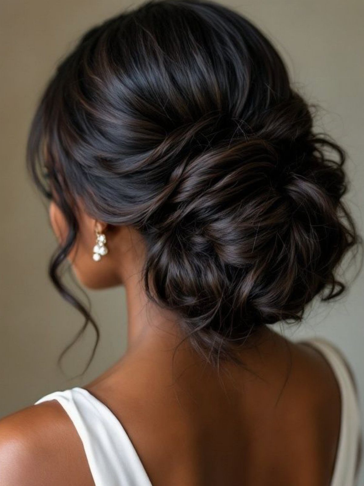 Woman with dark hair styled in an elegant, low textured bun with wavy face-framing strands.