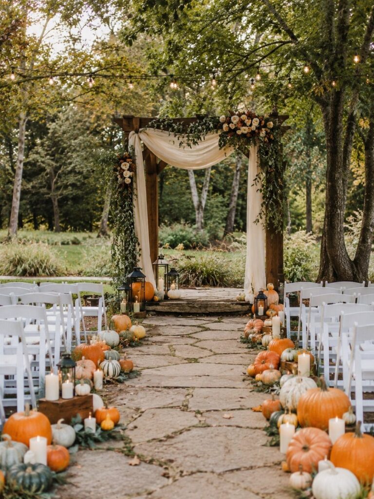 Pumpkins lining a stone walkway leading to a decorated wooden wedding ceremony arch in a forest.