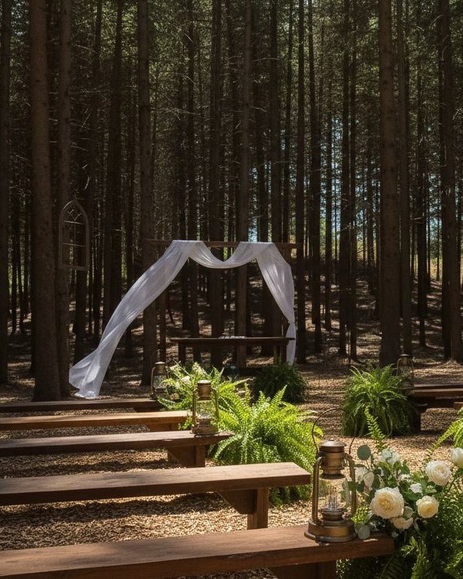 Wooden wedding benches and a fabric-draped archway set within a tall pine forest.
