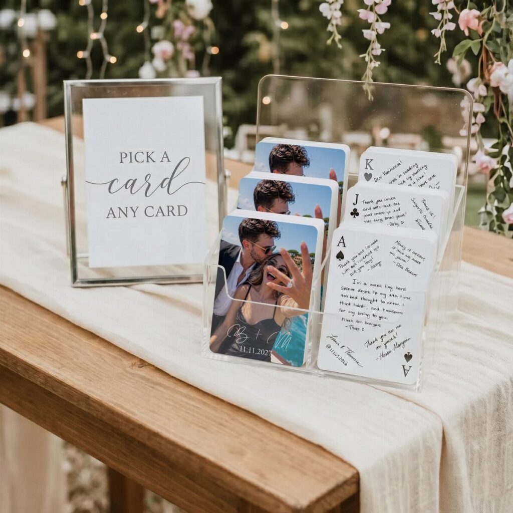 Acrylic display stand holding photo cards and handwritten memory cards on a wedding table.