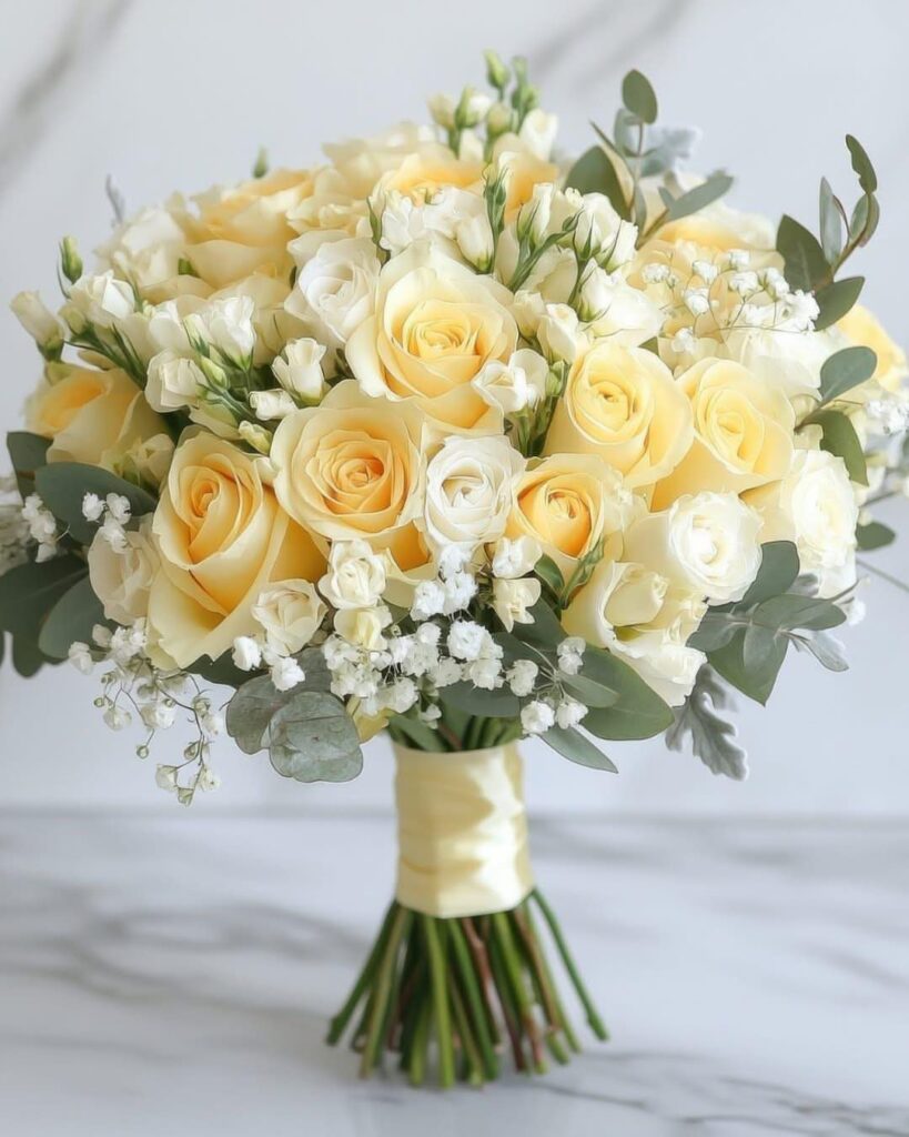 A wedding bouquet of yellow roses and white flowers wrapped in yellow satin ribbon.