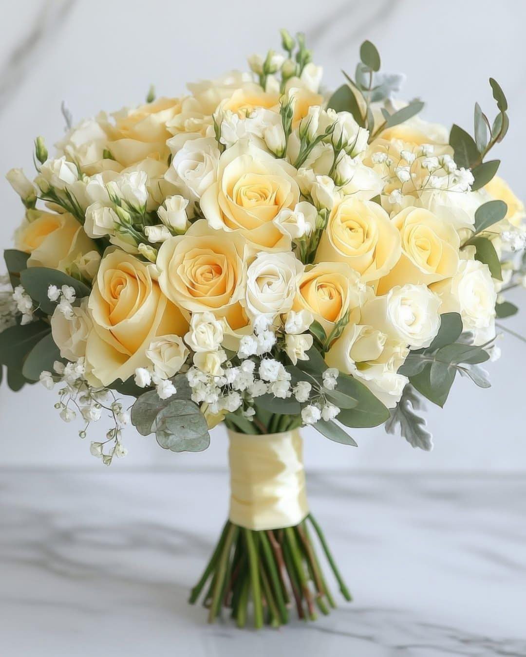 A wedding bouquet of yellow roses and white flowers wrapped in yellow satin ribbon.