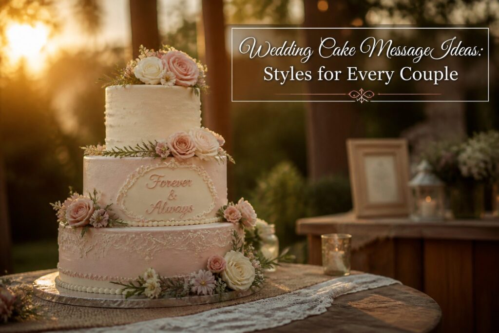 Decorated wedding cake with various message styles and decorations.