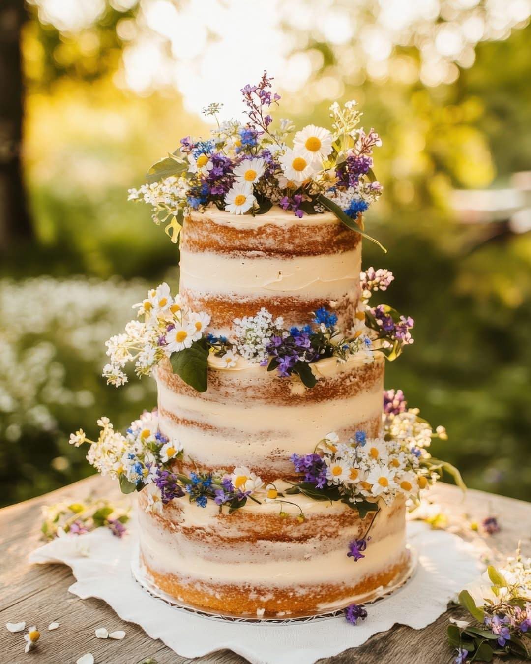 A three-tiered naked wedding cake adorned with colorful wildflowers in a sunny outdoor garden.