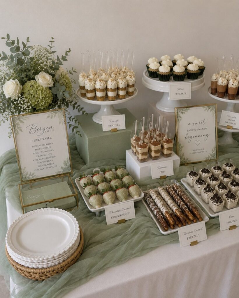 A dessert bar featuring cupcakes, cake pops, and strawberries on a table with green fabric.