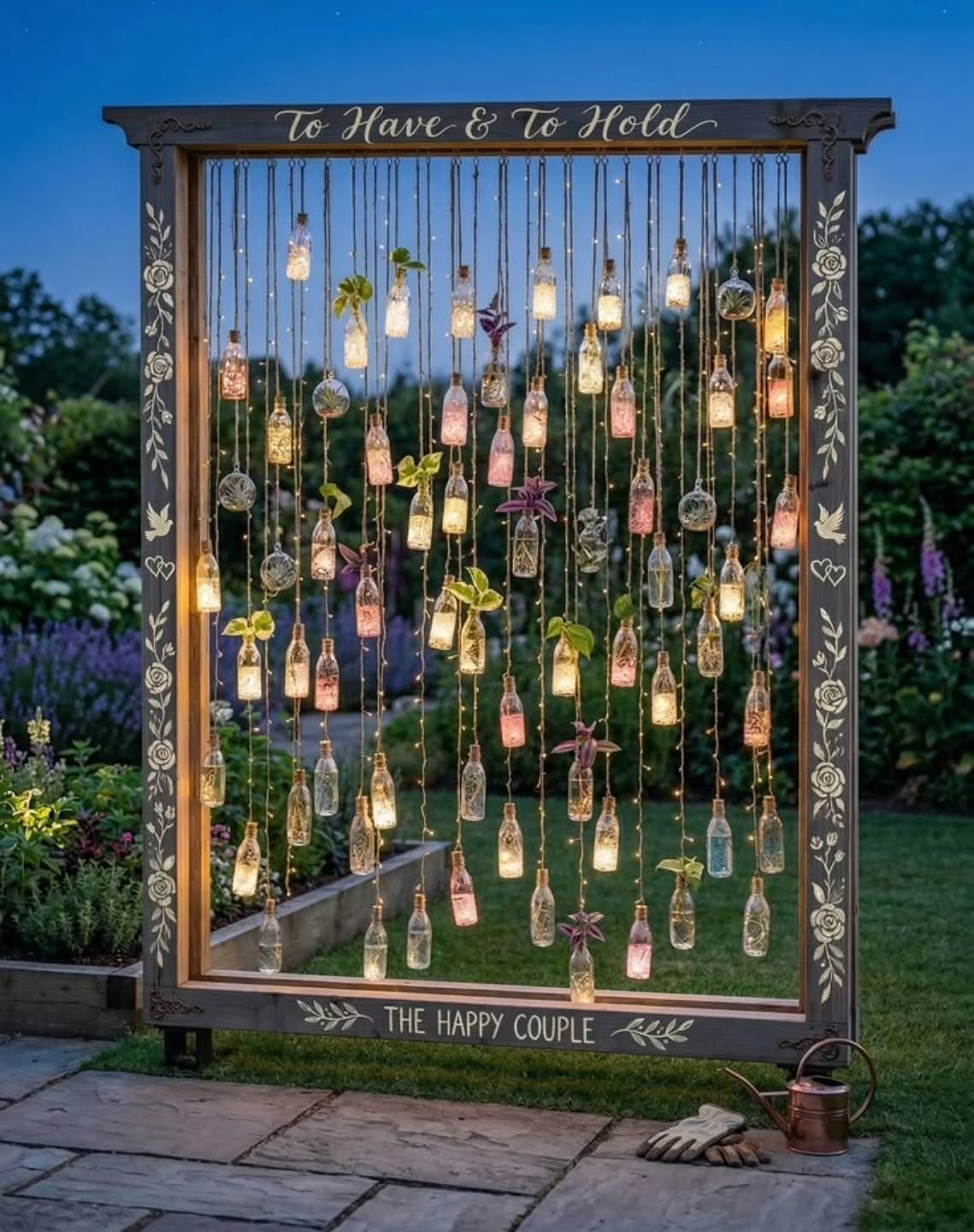 A decorative wooden frame with hanging lit glass bottles and greenery in a garden setting.