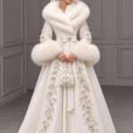 Woman in an embroidered white wedding gown with large fur collar and cuffs.