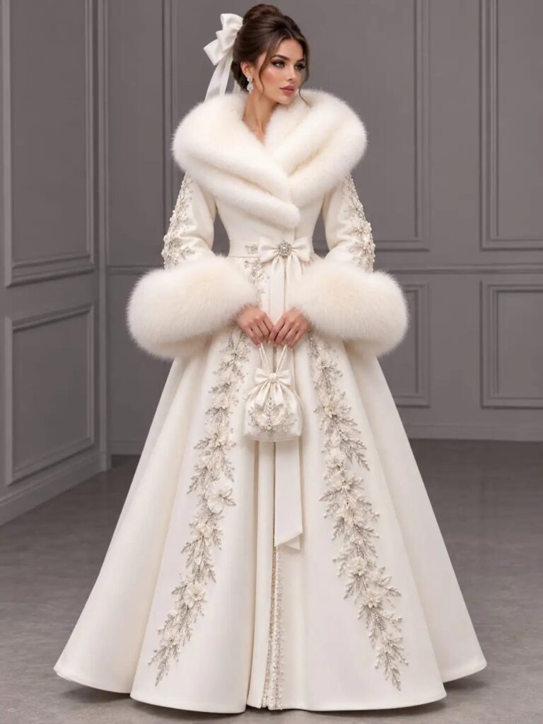 Woman in an embroidered white wedding gown with large fur collar and cuffs.