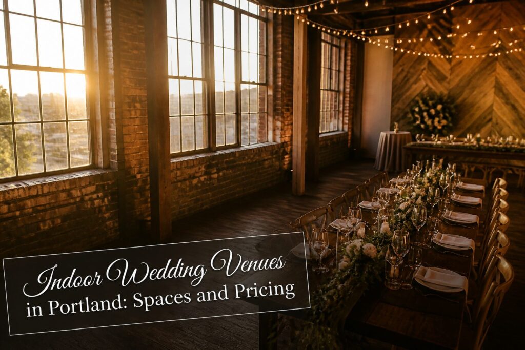 Indoor wedding setup with decorated tables and large windows.