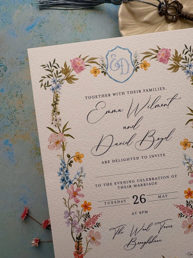 A floral wedding invitation with colorful wildflowers and elegant black calligraphy on textured paper.