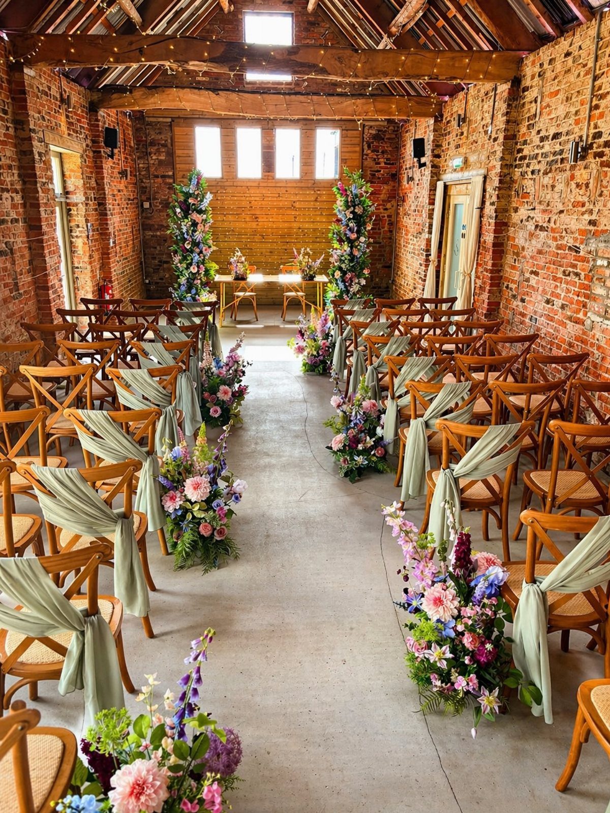 Wooden chairs lined with sage green fabric flank a central aisle decorated with colorful wildflower arrangements in a rustic brick barn.